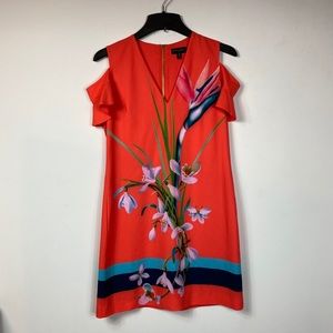 Ted Baker Orange Striped Floral ColdShoulder Dress